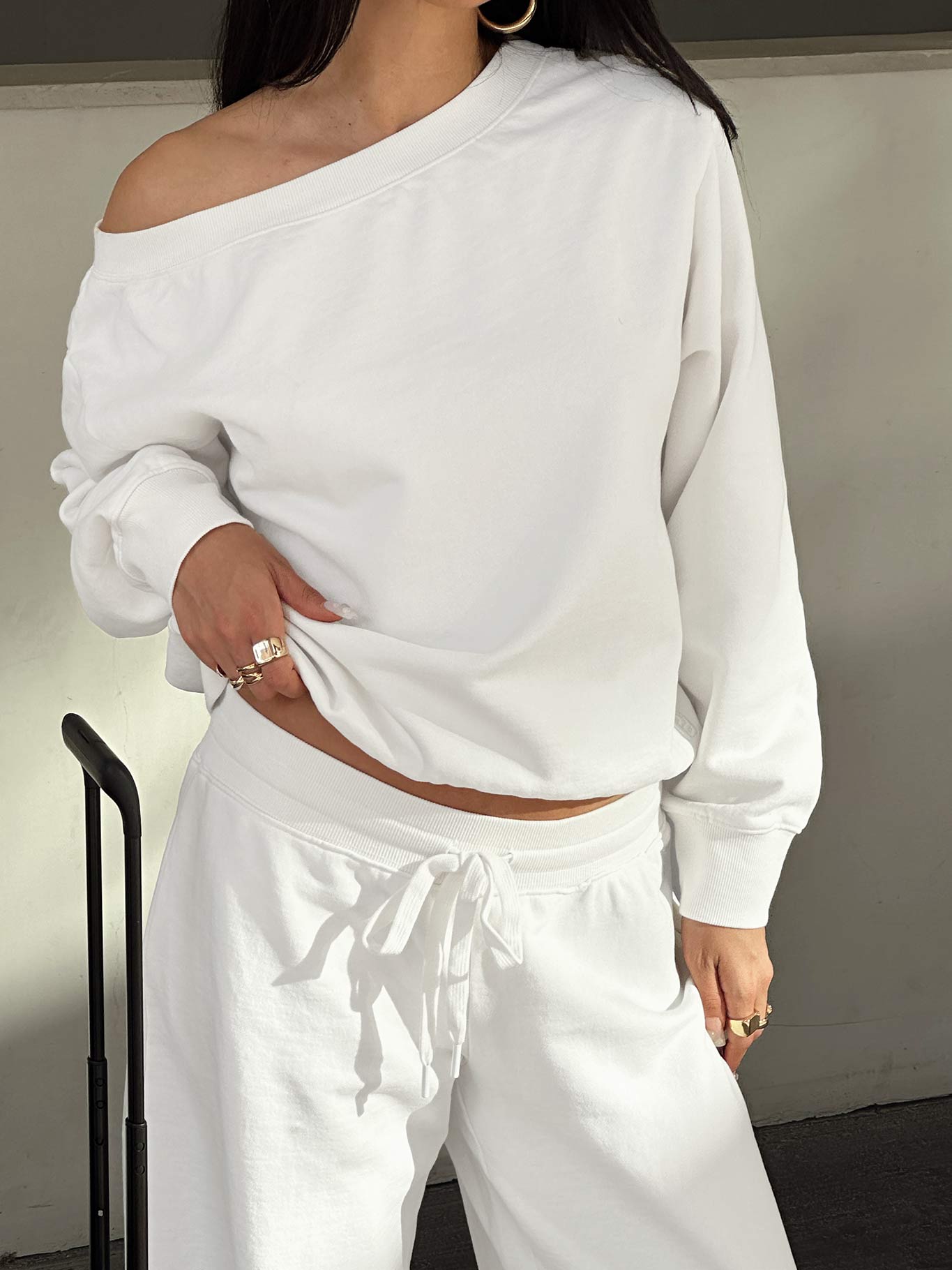 Wellness Off The Shoulder Jumper Washed White & Dodie Wide Leg Pants Washed White Set