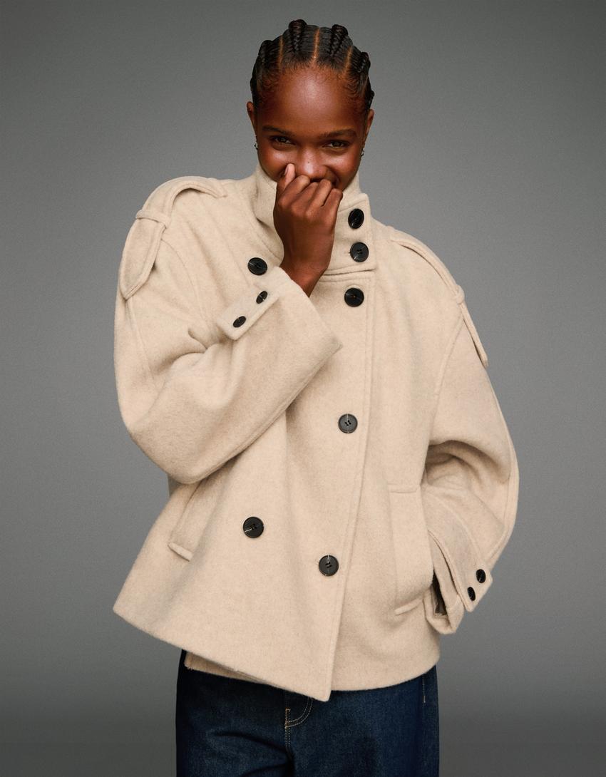 Felt texture jacket with funnel collar