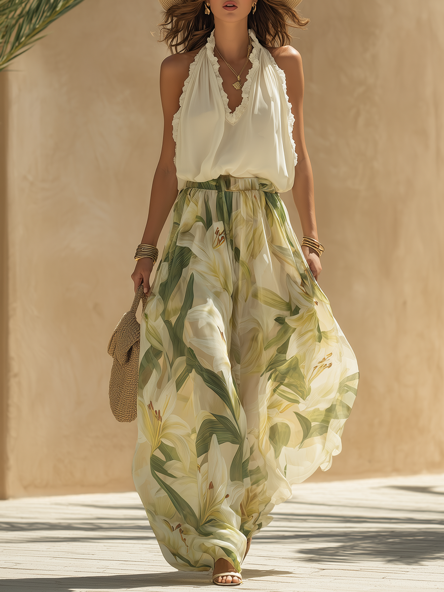 Lysandra | Lily Print Floaty Maxi Skirt & Halter Top Set