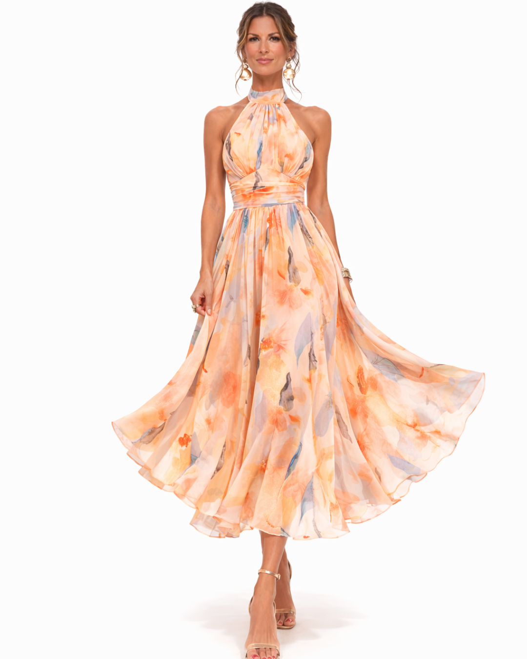 Aurora – Halterneck Midi Dress in Watercolour Print
