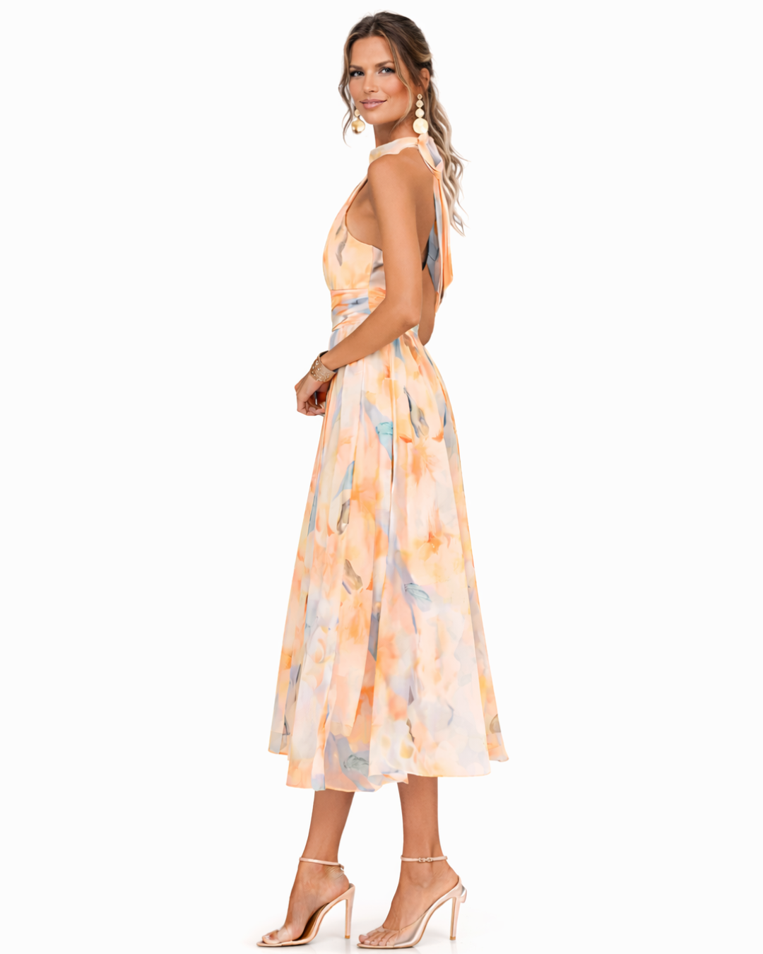 Aurora – Halterneck Midi Dress in Watercolour Print