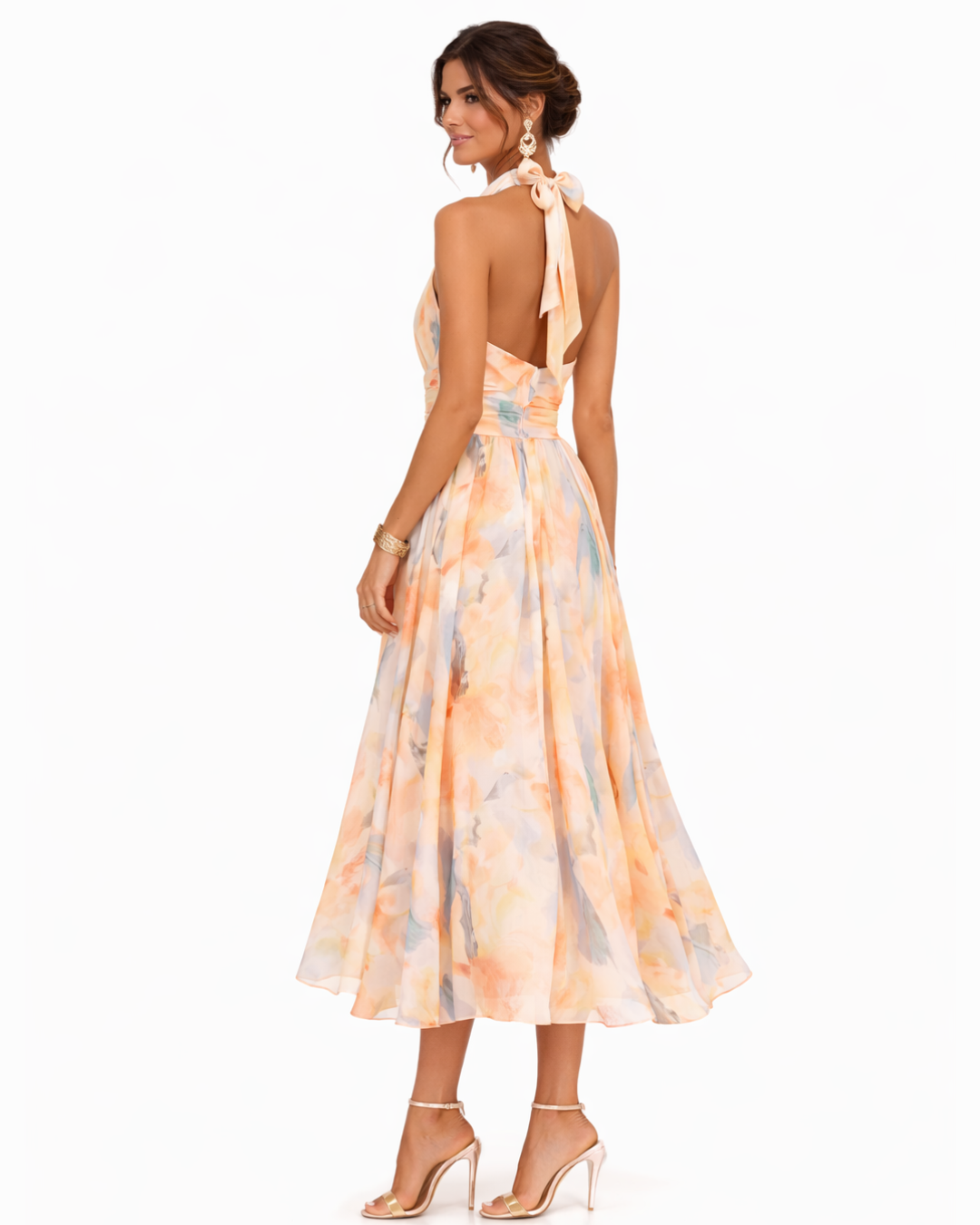 Aurora – Halterneck Midi Dress in Watercolour Print