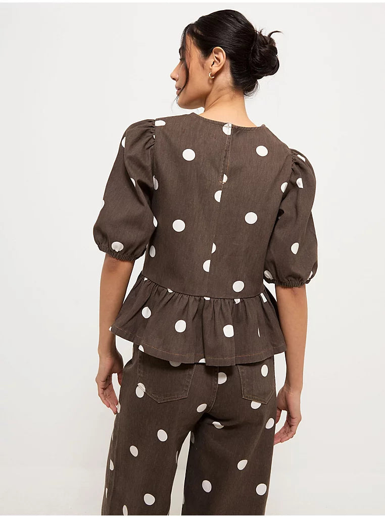 Polka Dot Peplum Denim Blouse and Wide Leg Jeans Co-ord