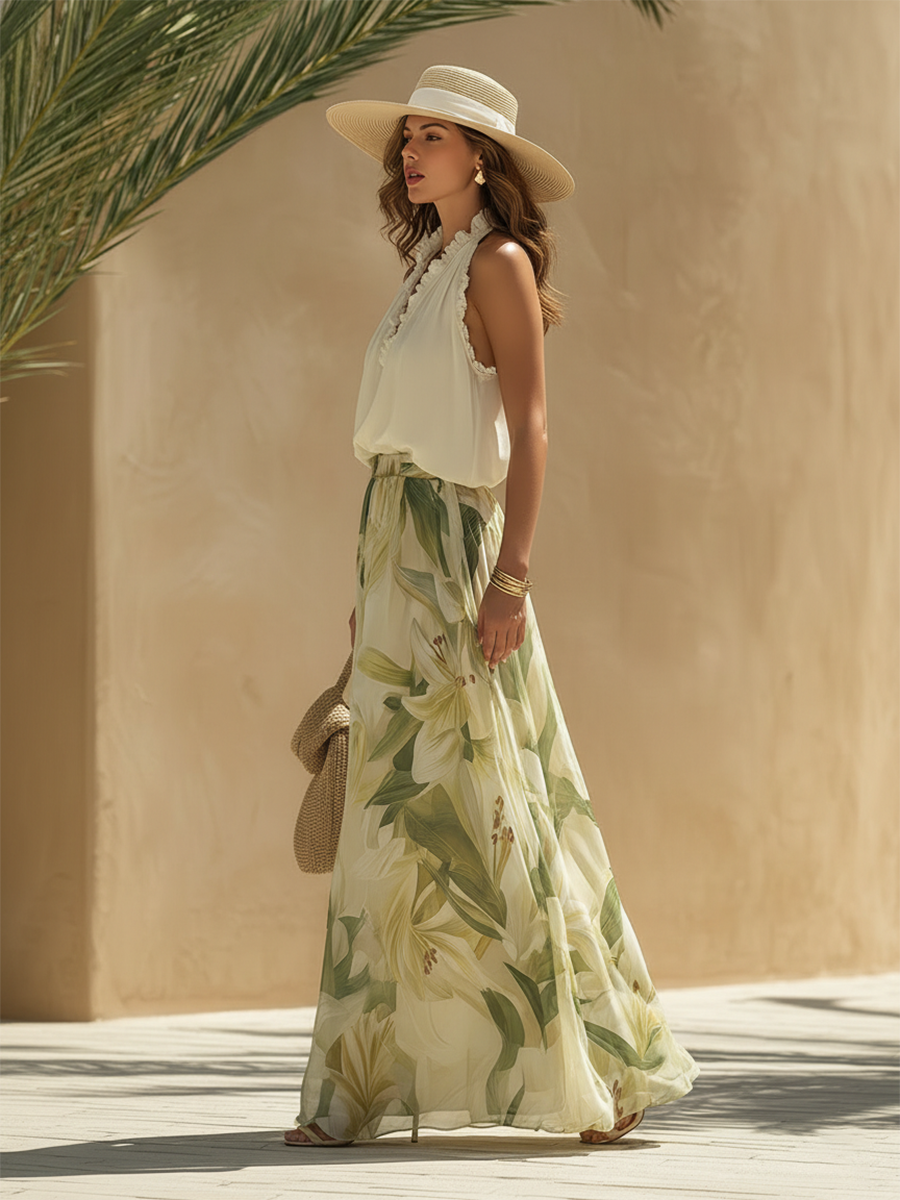 Lysandra | Lily Print Floaty Maxi Skirt & Halter Top Set