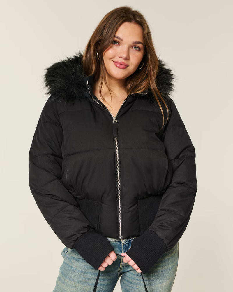 Faux Fur Trim Puffer Bomber Jacket