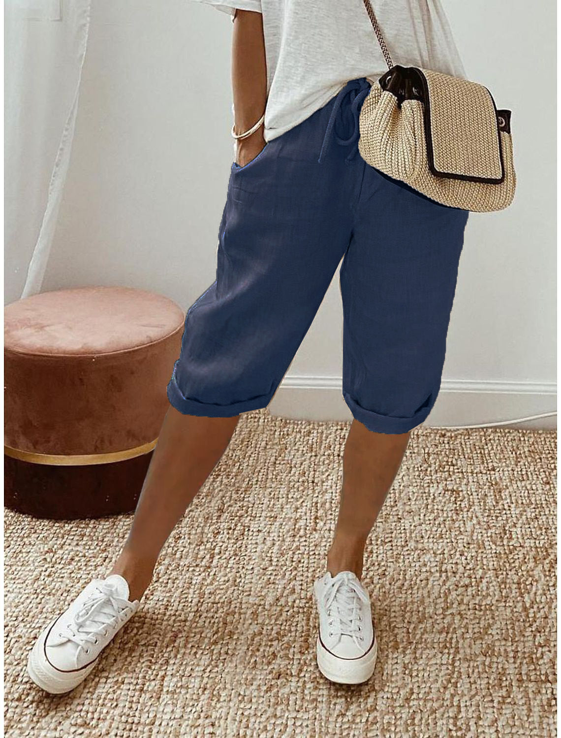 Women's Casual Cotton Linen Cropped Trousers