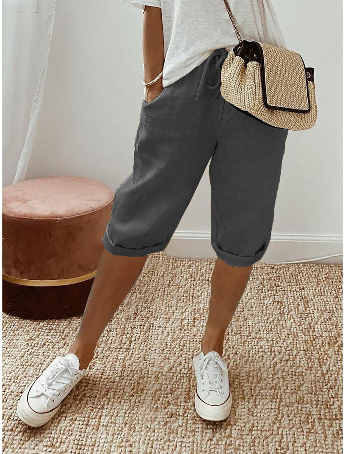 Women's Casual Cotton Linen Cropped Trousers