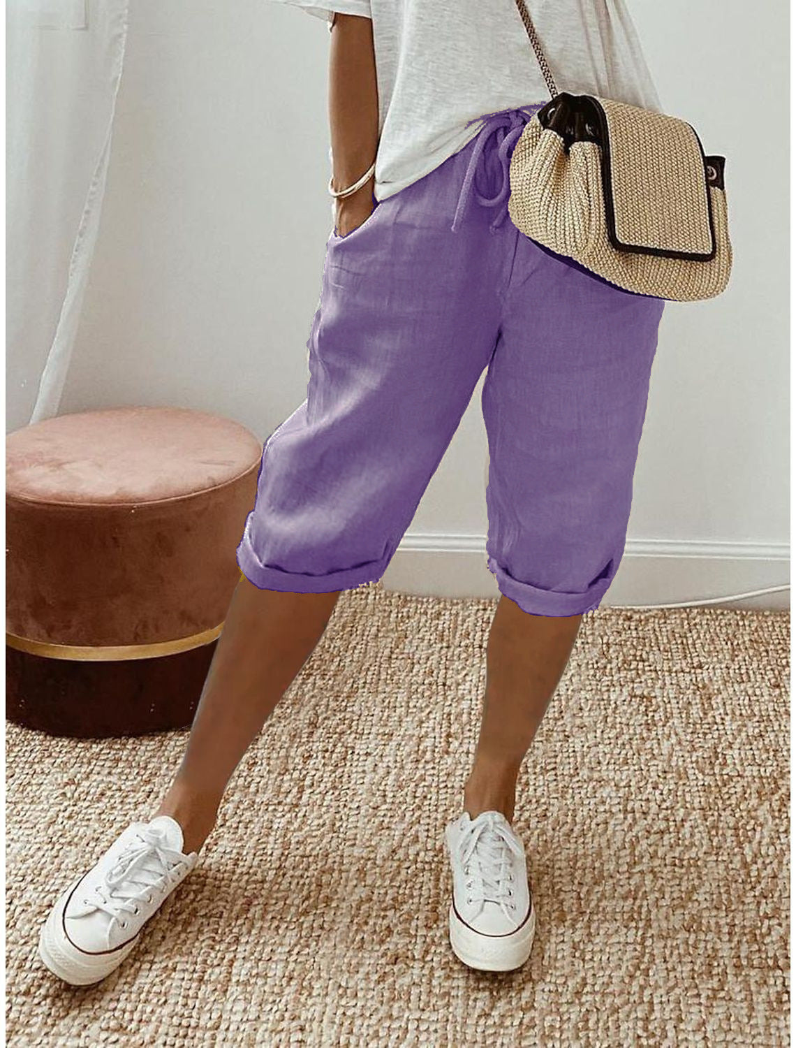 Women's Casual Cotton Linen Cropped Trousers