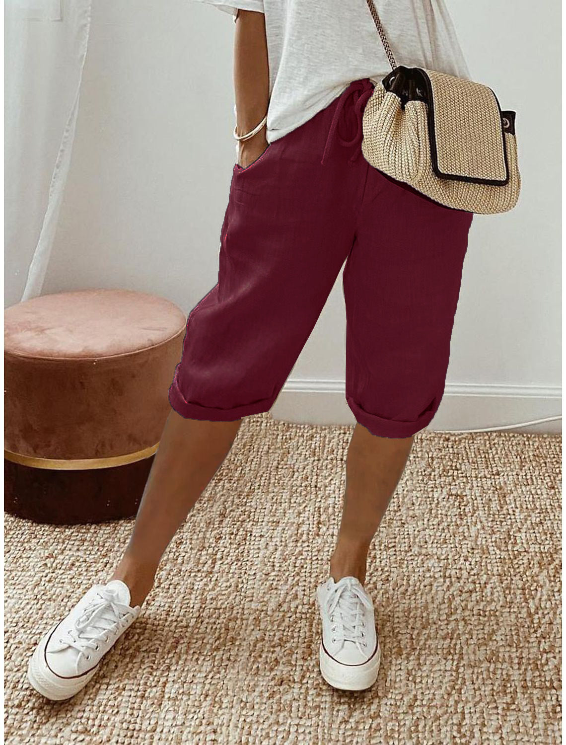 Women's Casual Cotton Linen Cropped Trousers