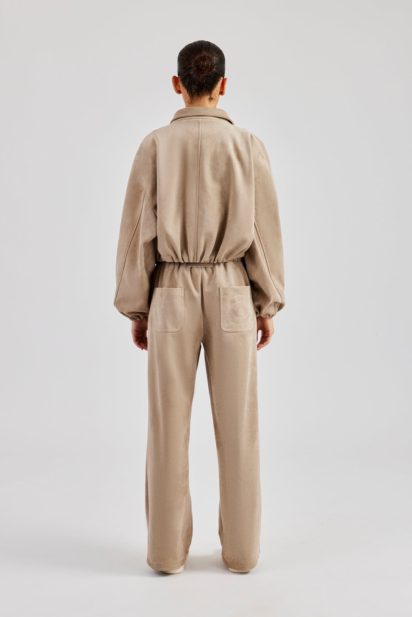 CERNUCCI Suede Collared Bomber Jacket & Wide Leg Trousers – Beige