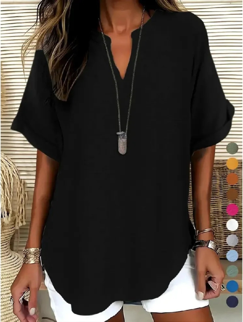Lena | Effortless Roll-Tab V-Neck Blouse