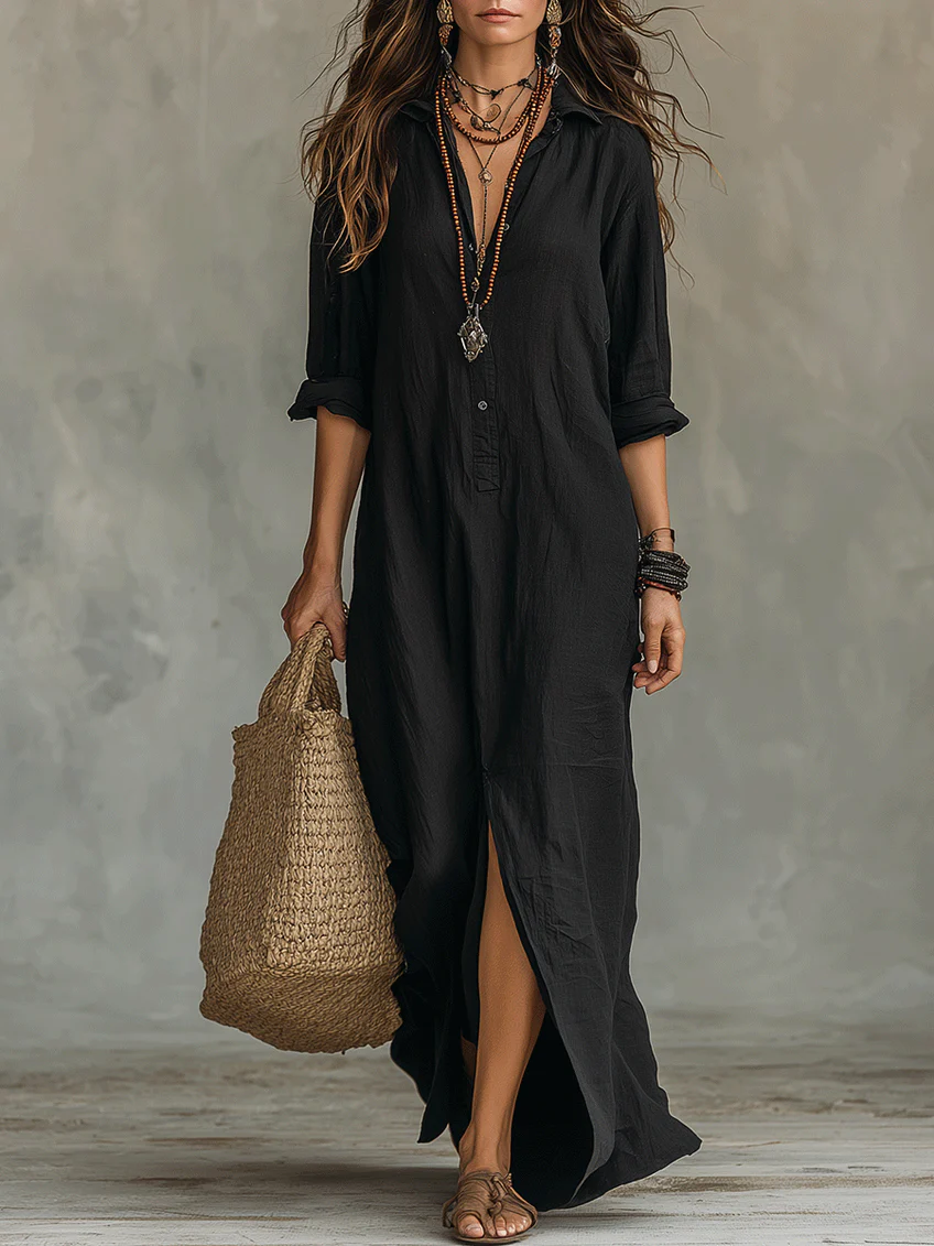 Soline | Black Oversized Maxi Dress with Buttons