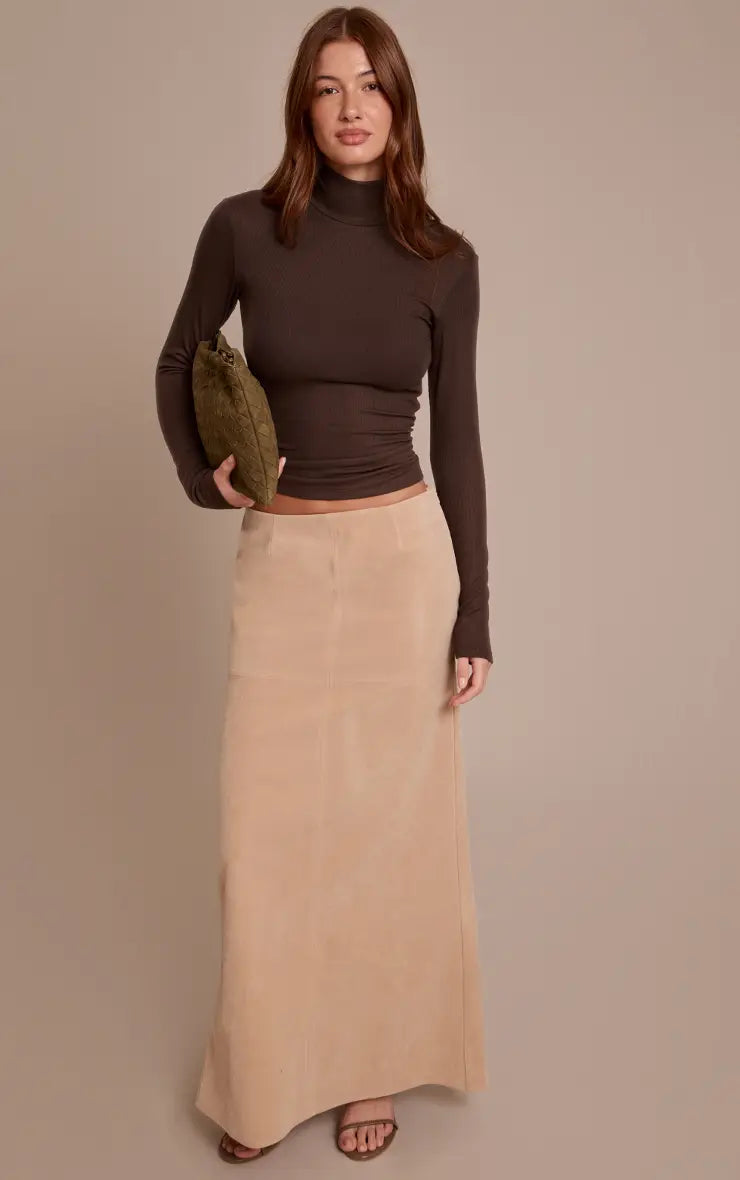 Beige Faux Suede Column Maxi Skirt