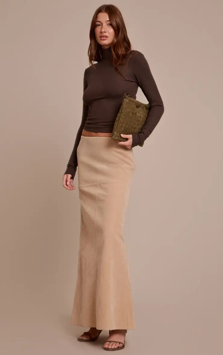 Beige Faux Suede Column Maxi Skirt