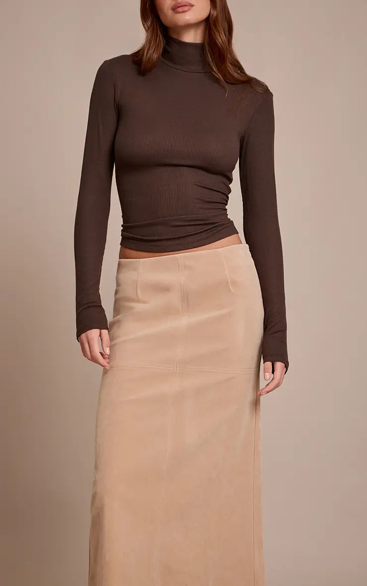 Beige Faux Suede Column Maxi Skirt
