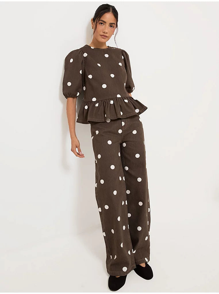 Polka Dot Peplum Denim Blouse and Wide Leg Jeans Co-ord