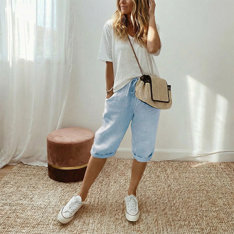 Women's Casual Cotton Linen Cropped Trousers