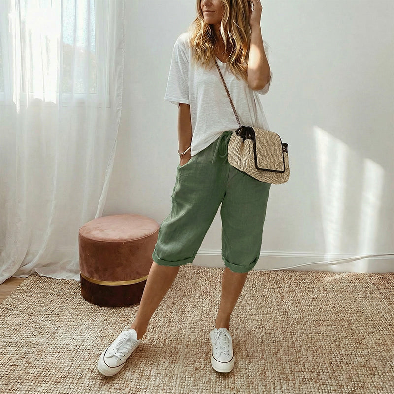 Women's Casual Cotton Linen Cropped Trousers