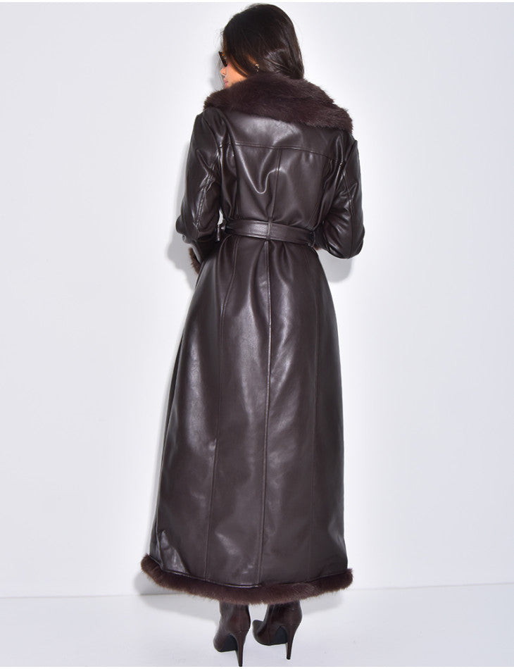 Extra-long faux leather coat with faux fur trim