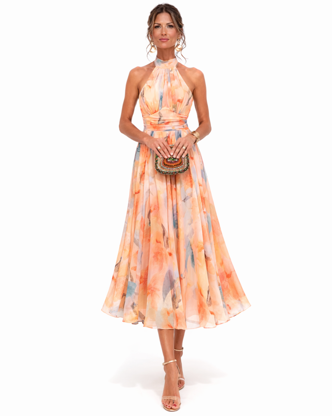Aurora – Halterneck Midi Dress in Watercolour Print