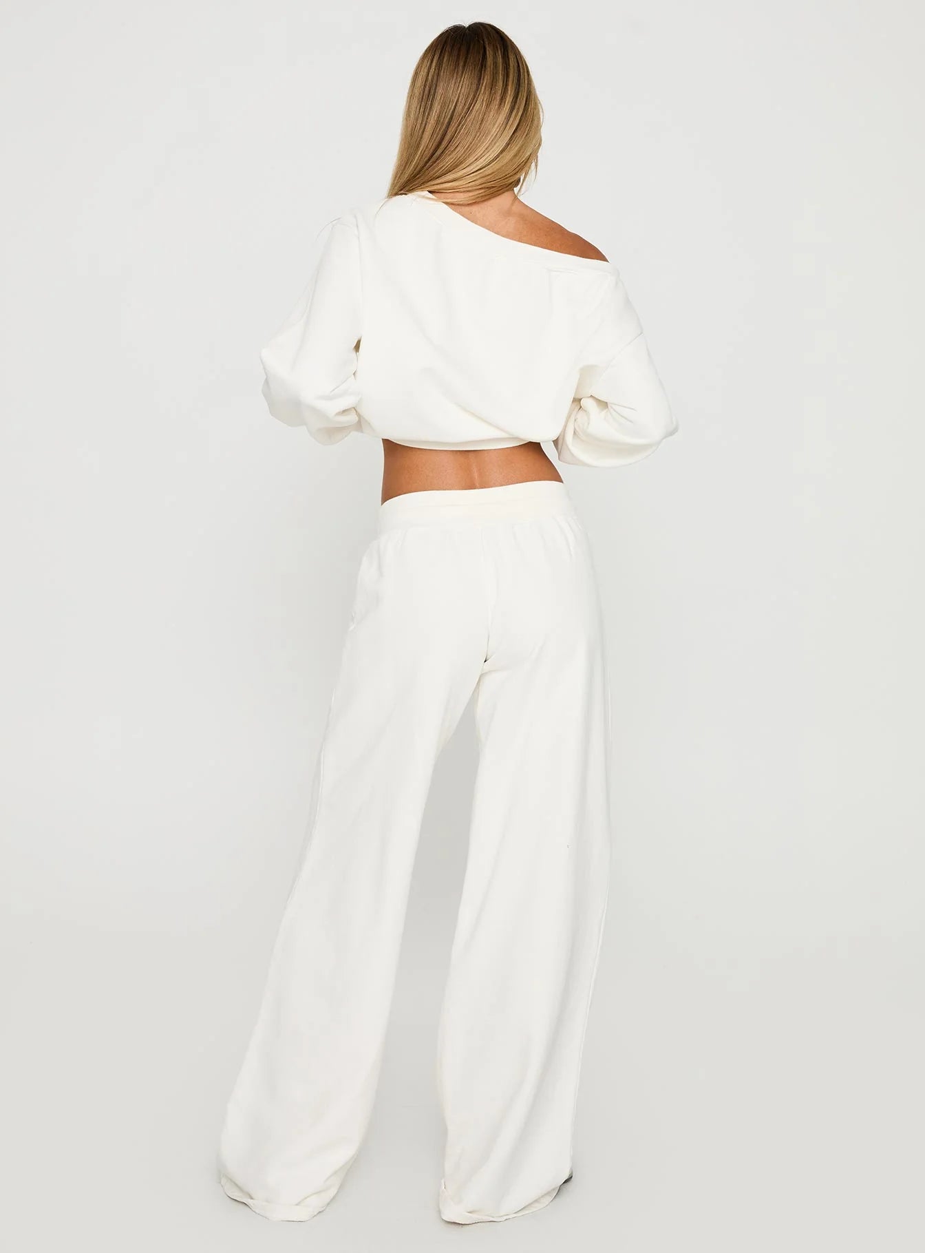 Wellness Off The Shoulder Jumper Washed White & Dodie Wide Leg Pants Washed White Set
