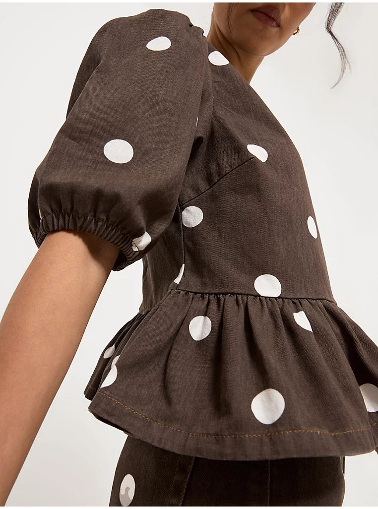 Polka Dot Peplum Denim Blouse and Wide Leg Jeans Co-ord