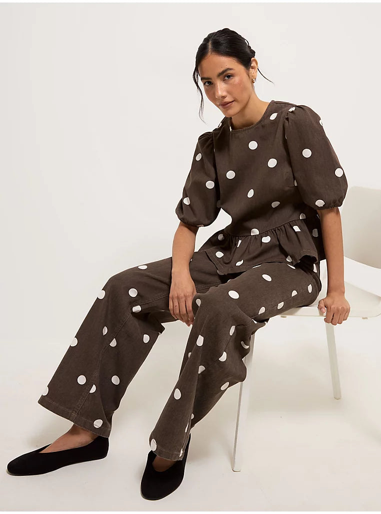 Polka Dot Peplum Denim Blouse and Wide Leg Jeans Co-ord