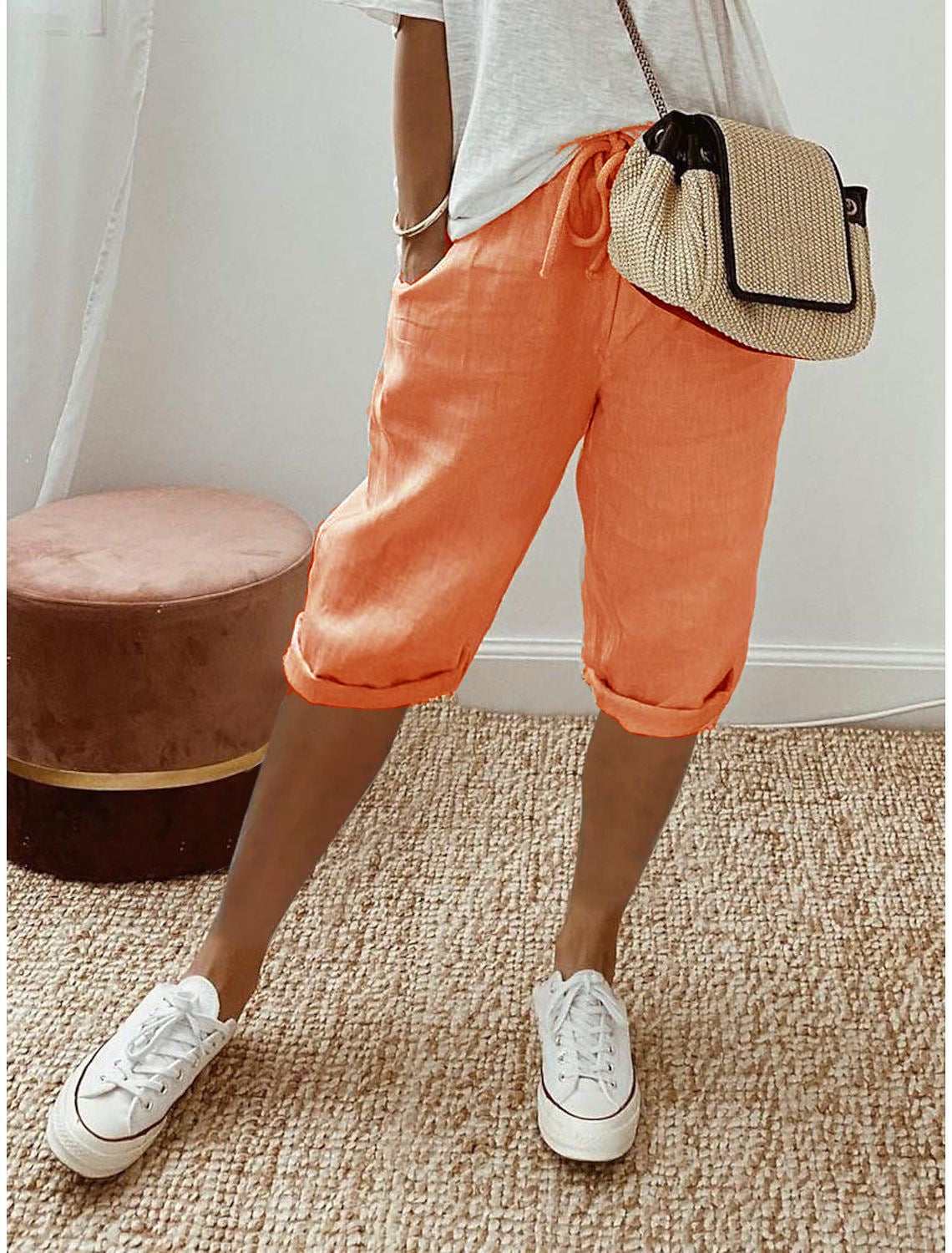 Women's Casual Cotton Linen Cropped Trousers