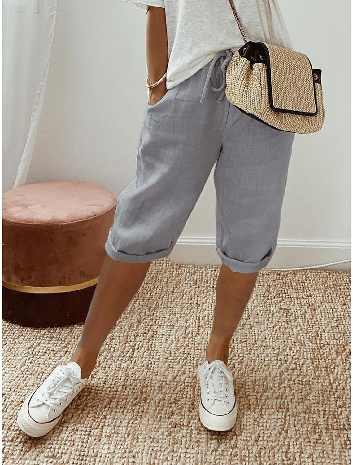 Women's Casual Cotton Linen Cropped Trousers