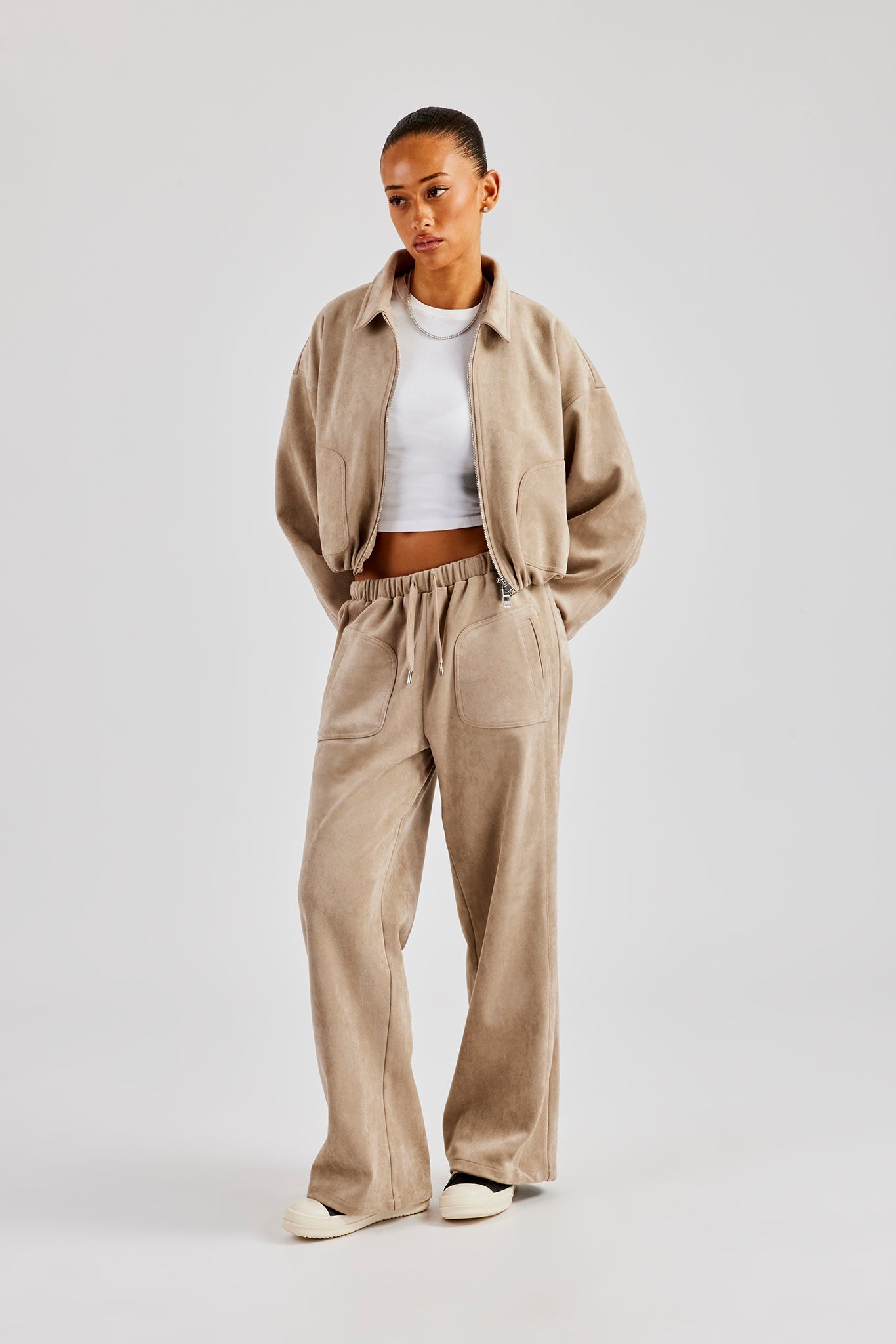 CERNUCCI Suede Collared Bomber Jacket & Wide Leg Trousers – Beige