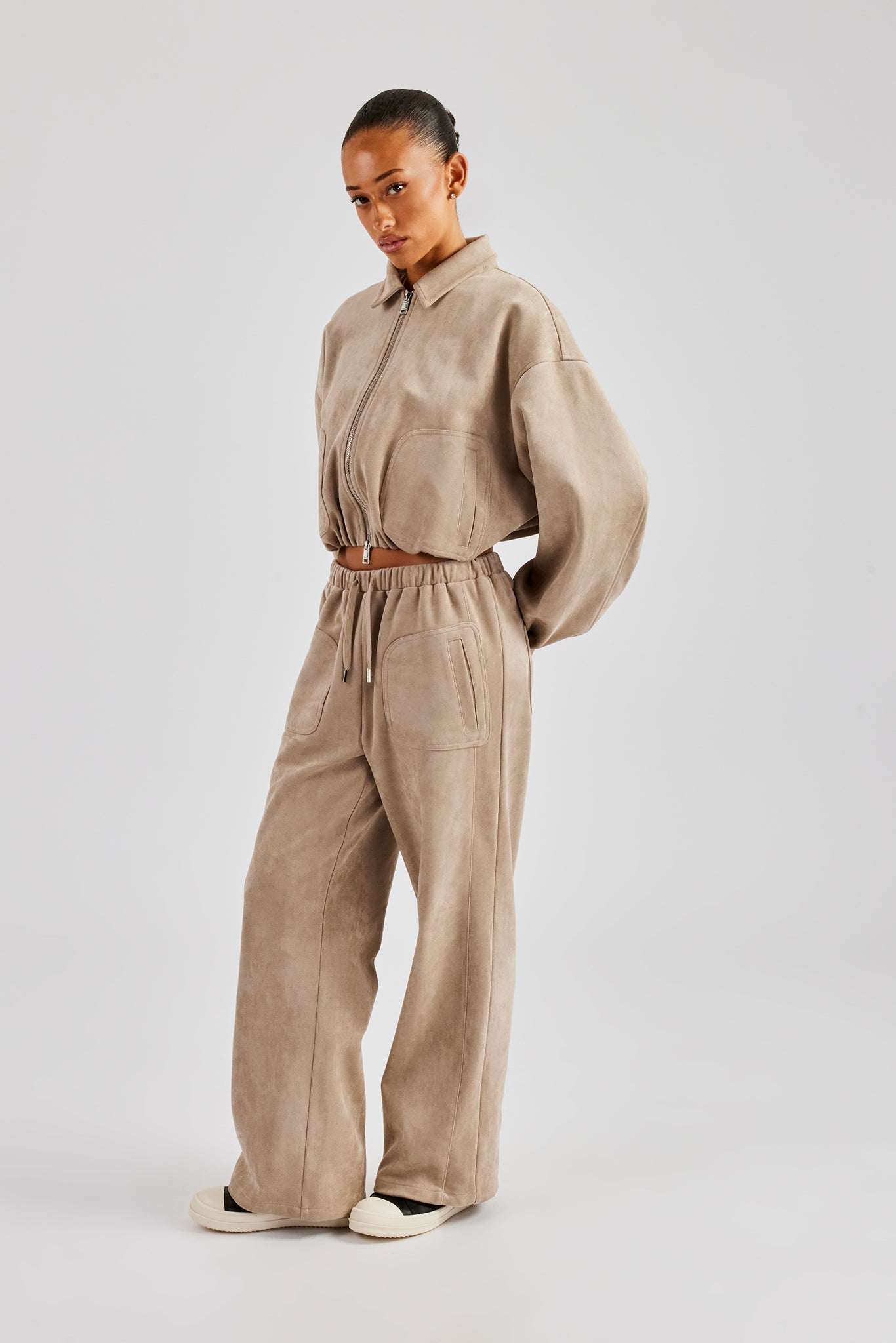 CERNUCCI Suede Collared Bomber Jacket & Wide Leg Trousers – Beige