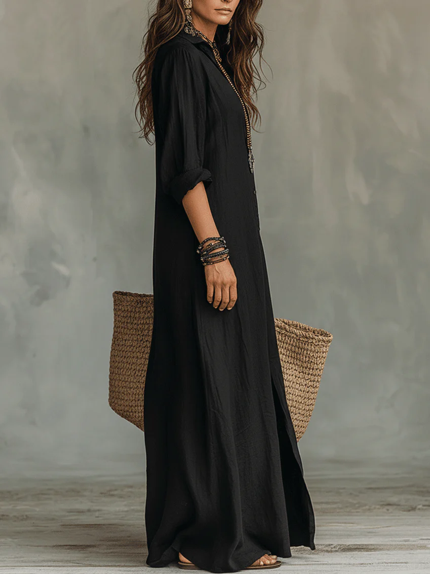 Soline | Black Oversized Maxi Dress with Buttons