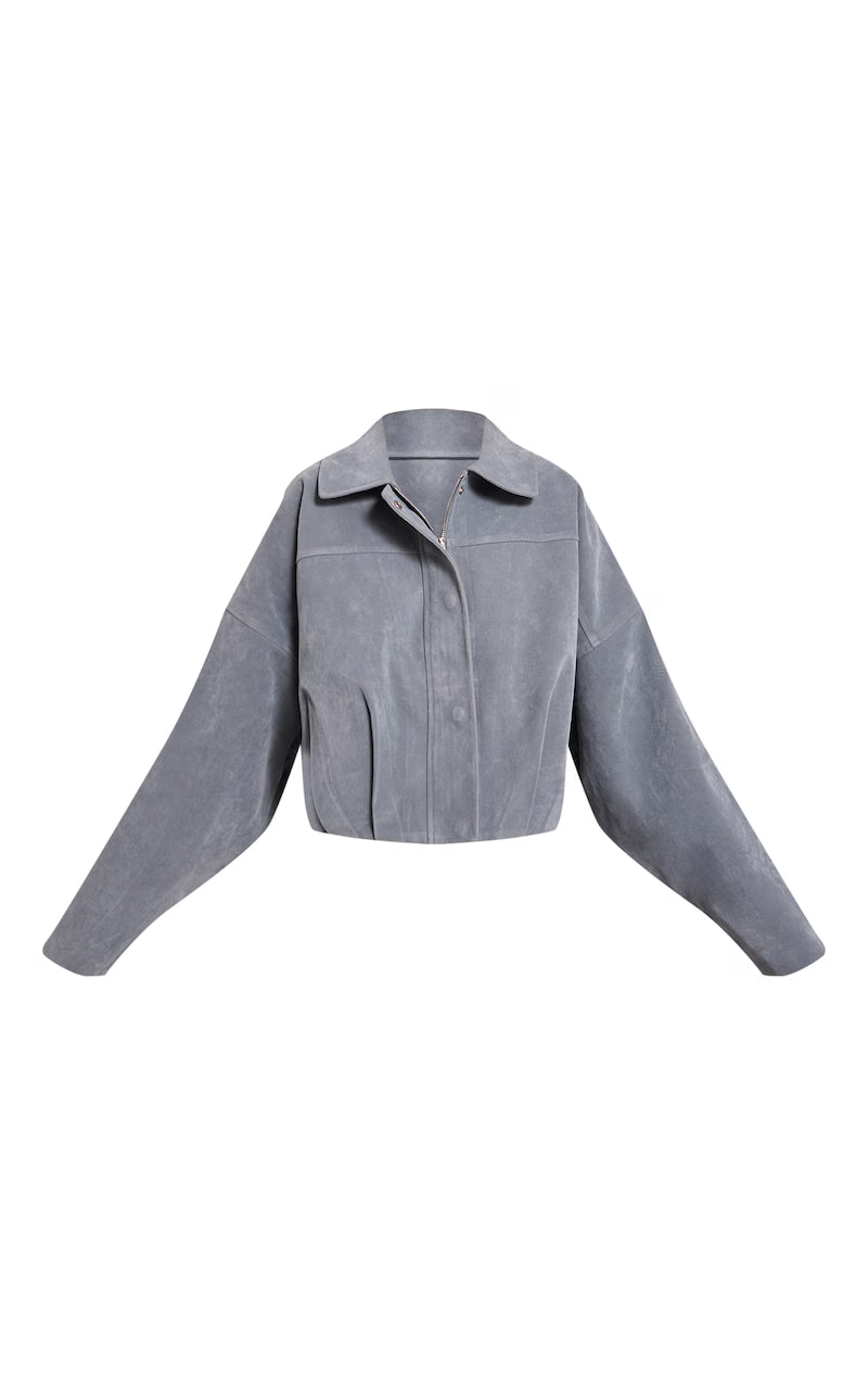 Faux Suede Covered Placket Bomber Jacket