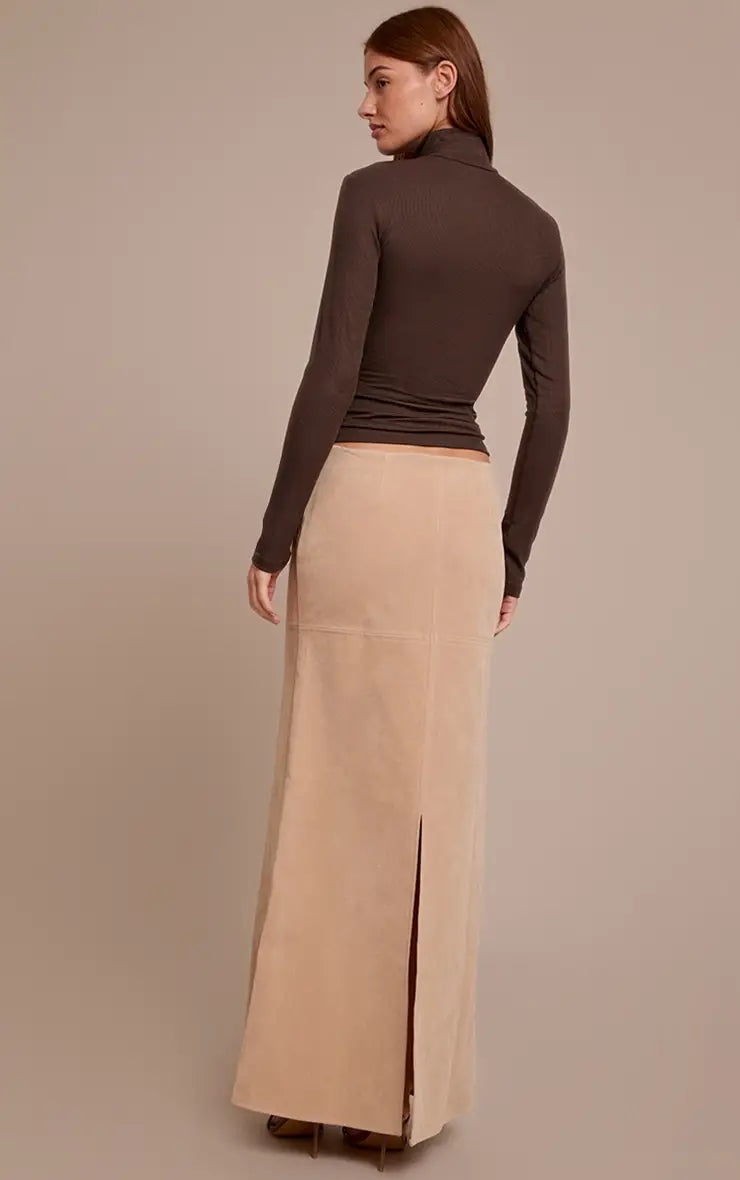 Beige Faux Suede Column Maxi Skirt