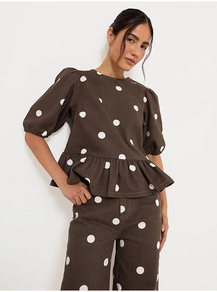 Polka Dot Peplum Denim Blouse and Wide Leg Jeans Co-ord