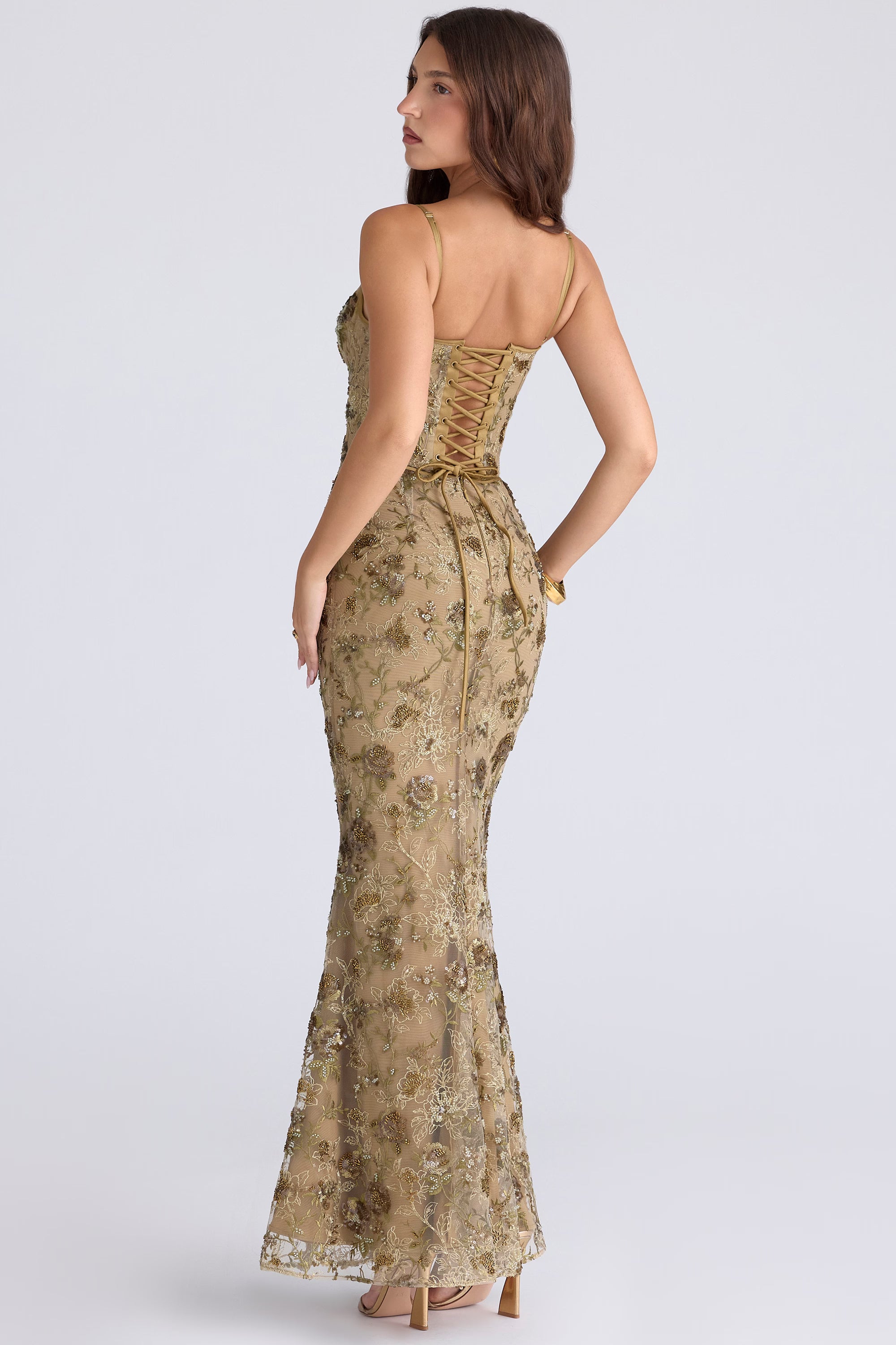 Olive Bronze Hand Beaded Embellished Corset Maxi Dress - Limited Edition
