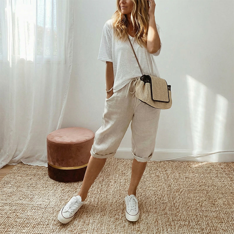 Women's Casual Cotton Linen Cropped Trousers